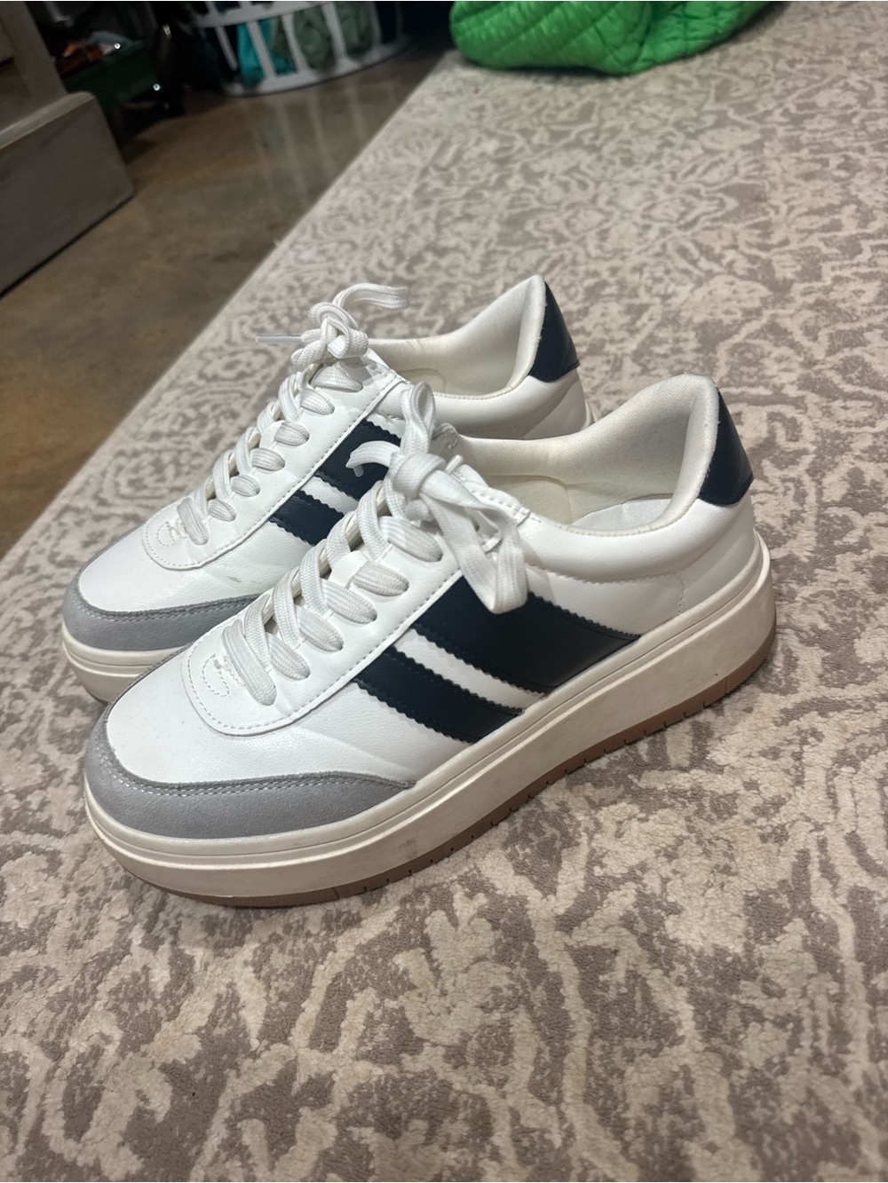 Madden Girl White Platform Sneakers with Black Stripes and Gray Toe